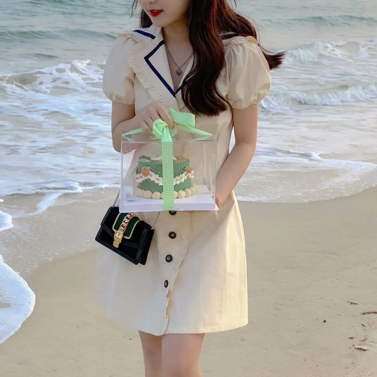 

One Piece Dress Korean Elegant Vintage Dress Women Puff Sleeve Casual shirt Dress Beach Office Lady Buttons Design 2021 Summer