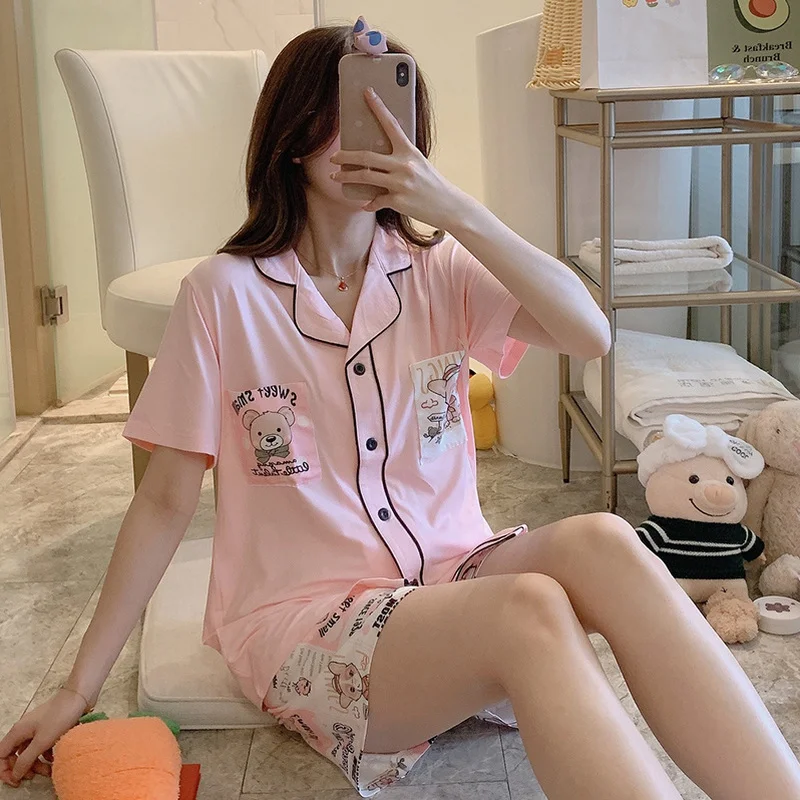 

Cute Pajamas for Women Summer Kawaii Bear Print Sleepwear Girls Korean Lapel Pyjamas Plus Size Loose Pijamas Two Piece Home Suit