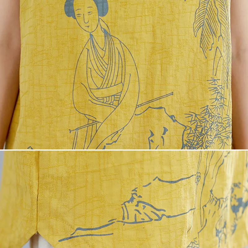 

Printing Linen New Women Qipao Shirt 2021 Chinese Style Elegant Sleeveless Tops Stand Collar Vintage Cheongsam Blouse Z058