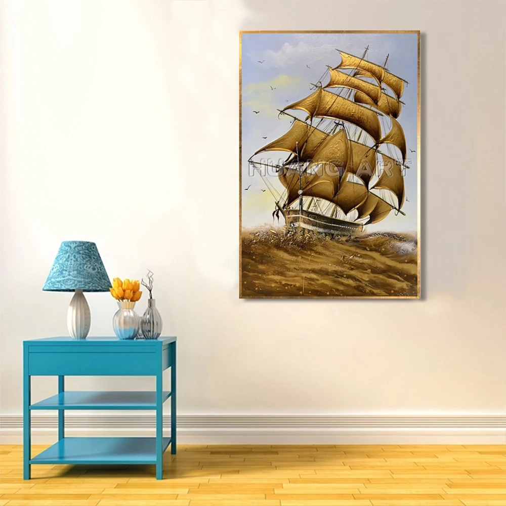 Hand-painted Modern Gold Sail Oil Painting on Canvas for Living Room Decor Handmade Sailboat Sea Landscape Texture | Дом и сад