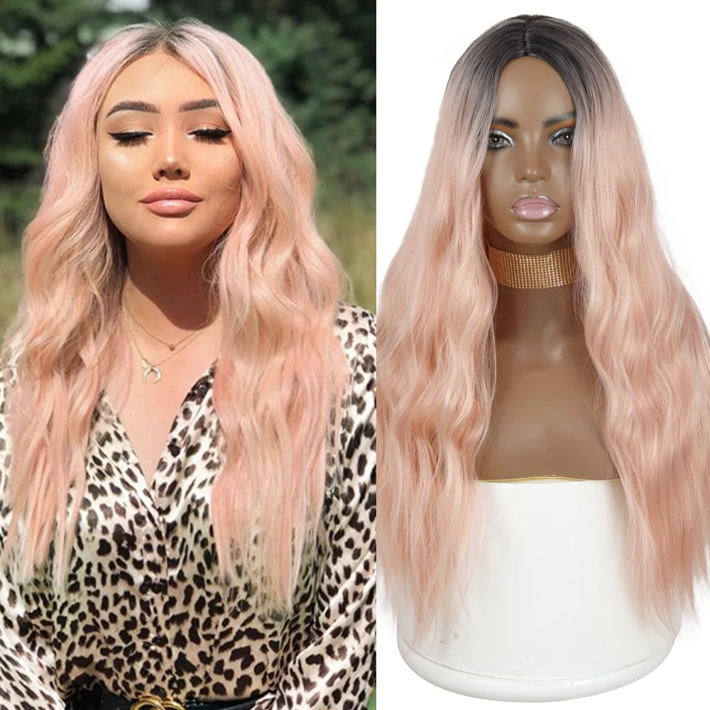 

AZQUEEN Synthetic Middle Part Long Wavy Wigs for Women Natural Heat Resistant Fiber Wig Black Pink Wigs for Girl Cosplay Hair