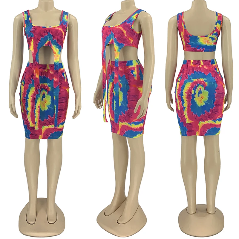 

Summer Women Tie-Dye Casual Short Skirt Lace Up Strap Vest Two Piece Set Skirt Set