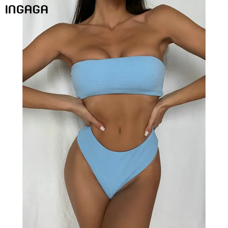 

INGAGA Sexy Bikinis Bandeau Swimwear Women's Swimsuit High Cut Biquini Push Up Bathing Suit 2021 High Waist Brazilian Bikini Set