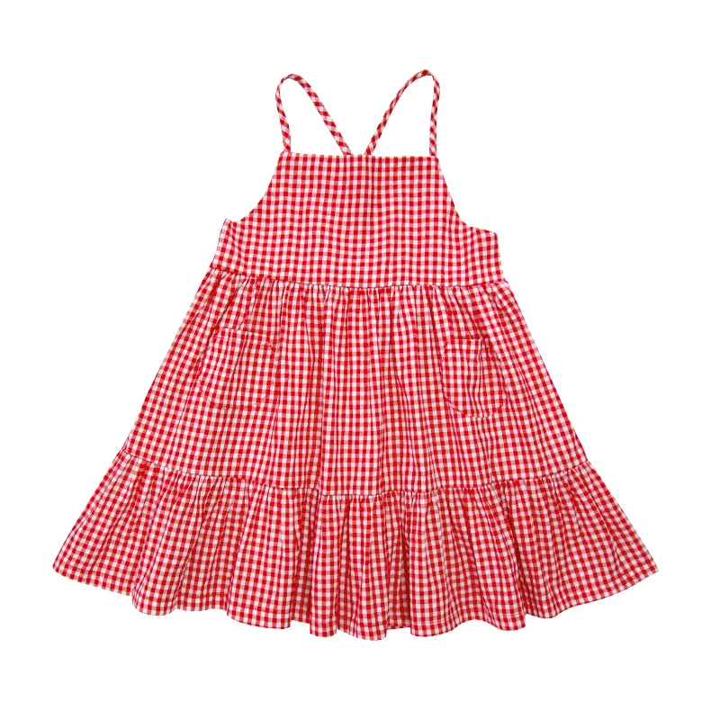 

imakokon original children's clothing red and white plaid dress fresh and cute Japanese cross suspender skirt girl 0235