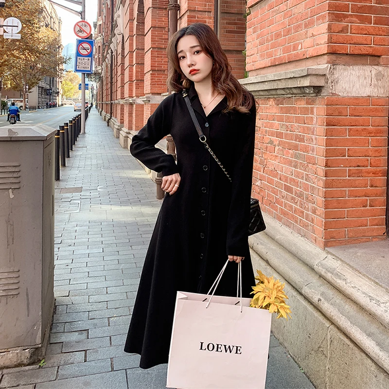 

Women's knitted dress autumn winter bottom long over-the-knee sweater dress retro black dress