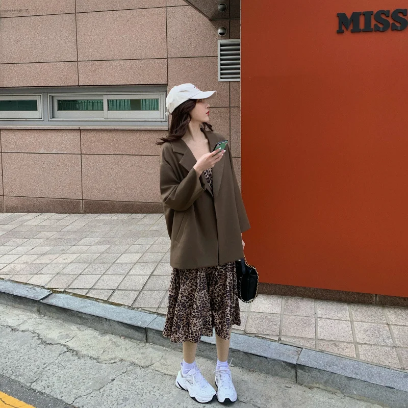 

COIGARSAM Full Sleeve Shirt Womens tops Spring Leopard Spaghetti Strap Belt V-Neck Women shirts Suit Khaki 1713