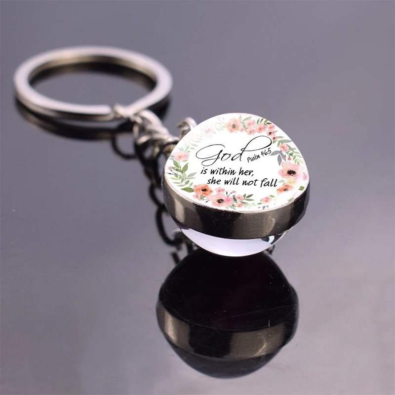 

" God Is Within Her. She Will Not Fall " Bible Verse Keychain Glass Ball Key Chain Rings Scripture Jewelry Christian Party Gifts