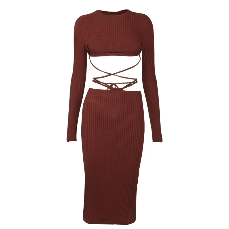 

Autumn European and American women's round neck sexy beach wind long sleeve open back navel strap suit dress