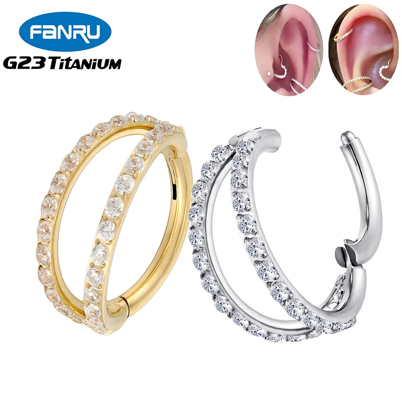 

G23 Titanium Piercing 16G Earrings Hinged Segment 2 Fans Zircon Daith Helix Tragus Cartilage Nose Septum Body Perforated Jewelry