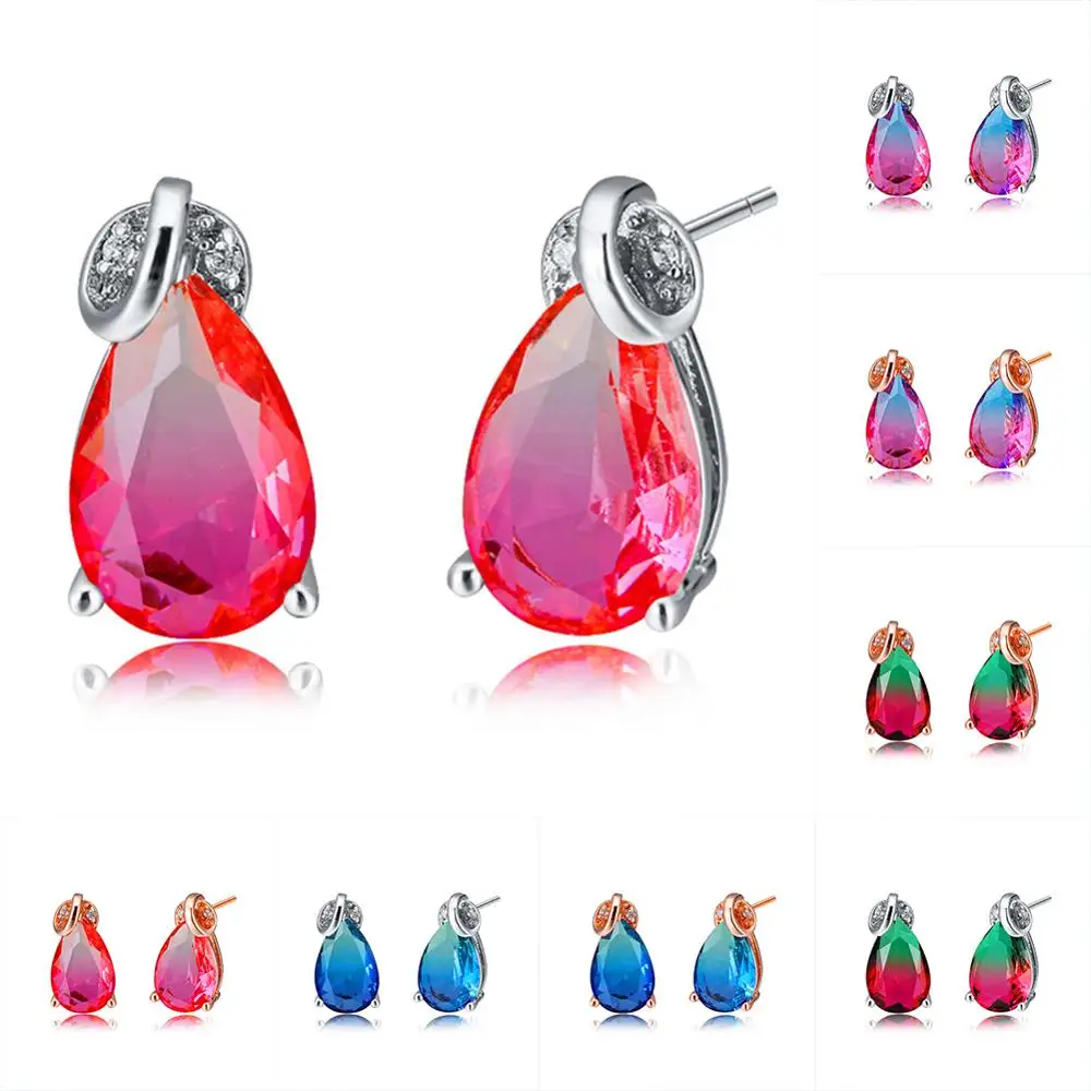 

Charm Female Red Green Stone Earrings Small Rose Gold Color Stud Earrings For Women Vintage Rainbow Geometric Wedding Earrings