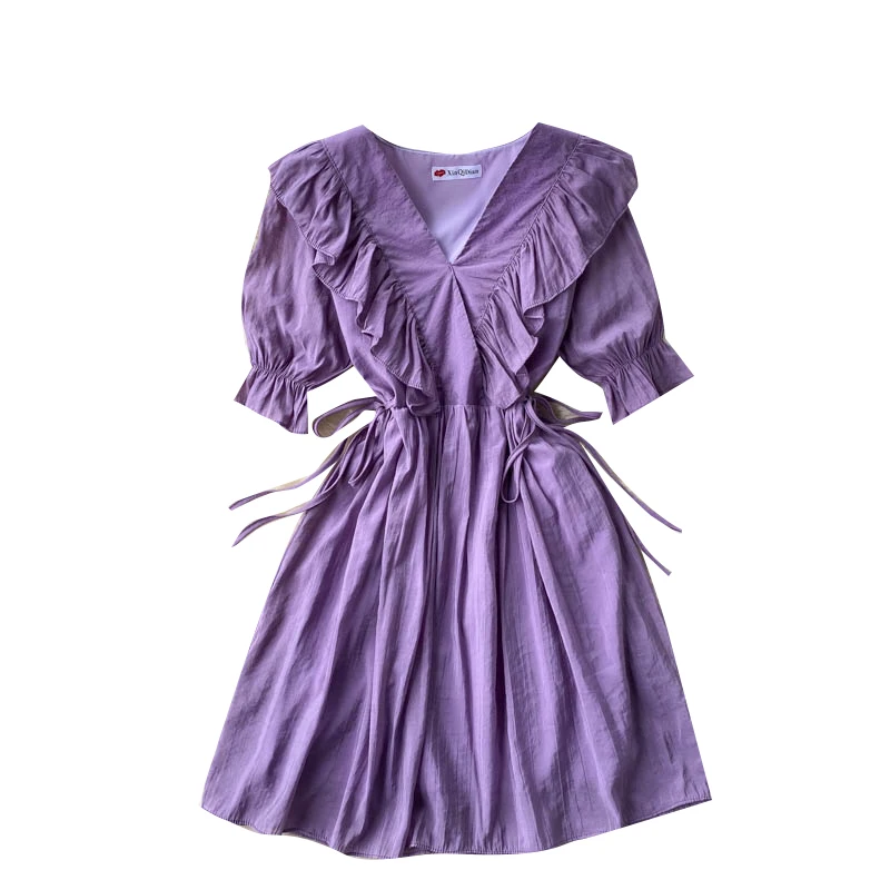 

Women Elegant Korean Dress Sweet Puff Sleeve V Neck Solid A-line Dresses Summer Chic Streetwear Ruffles Short Dress