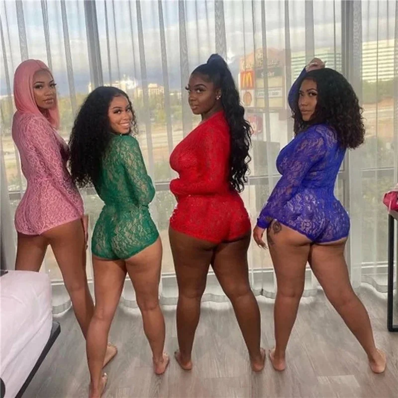 

Women Summer One Piece Sexy Lace Bodycon Bodysuit Deep V Neck Hollow Out Pajamas Jumpsuit Romper Long Sleeve Shorts Sleepwear