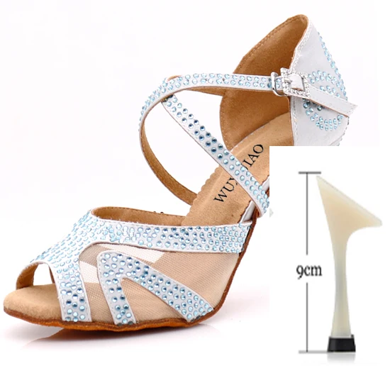 heel 9cm WUXIJIAO/Серебристые атласные латинские женские туфли для танцев; вечерние туфли со стразами для бальных танцев; женская обувь 9 см - Цвет: heel 9cm