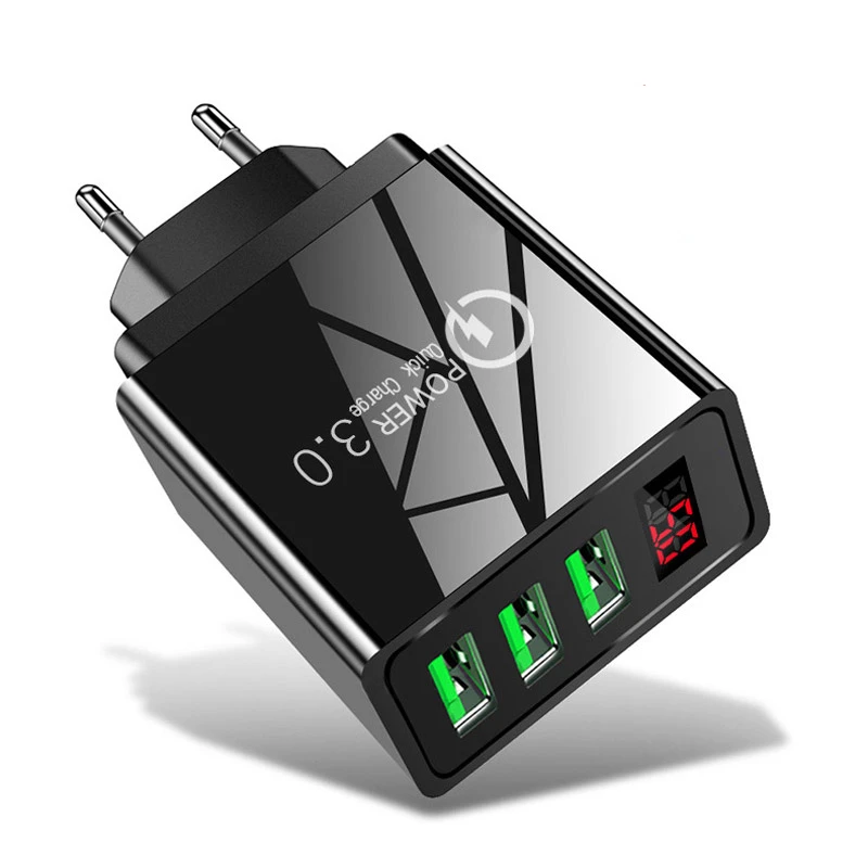 

USB Charger EU/US/UK Plug Quick Fast Charge 3.0 for iPhone 12 11 XR Xiaomi Samsung Huawei 5V 3.1A Digital Display Phone Charger