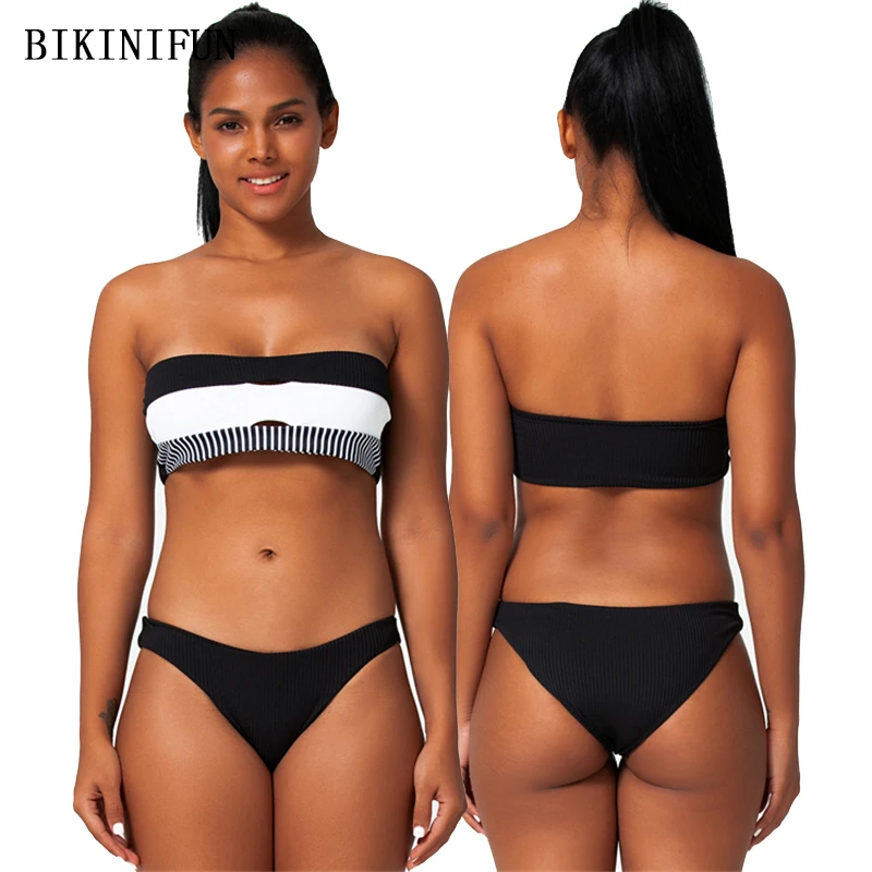 2020 New Stripe Swimsuit Women Strapless Bandeau Swimwear Padded Bralette Bathing Suit S-XL Girl Ribbe Bikini Set | Женская одежда