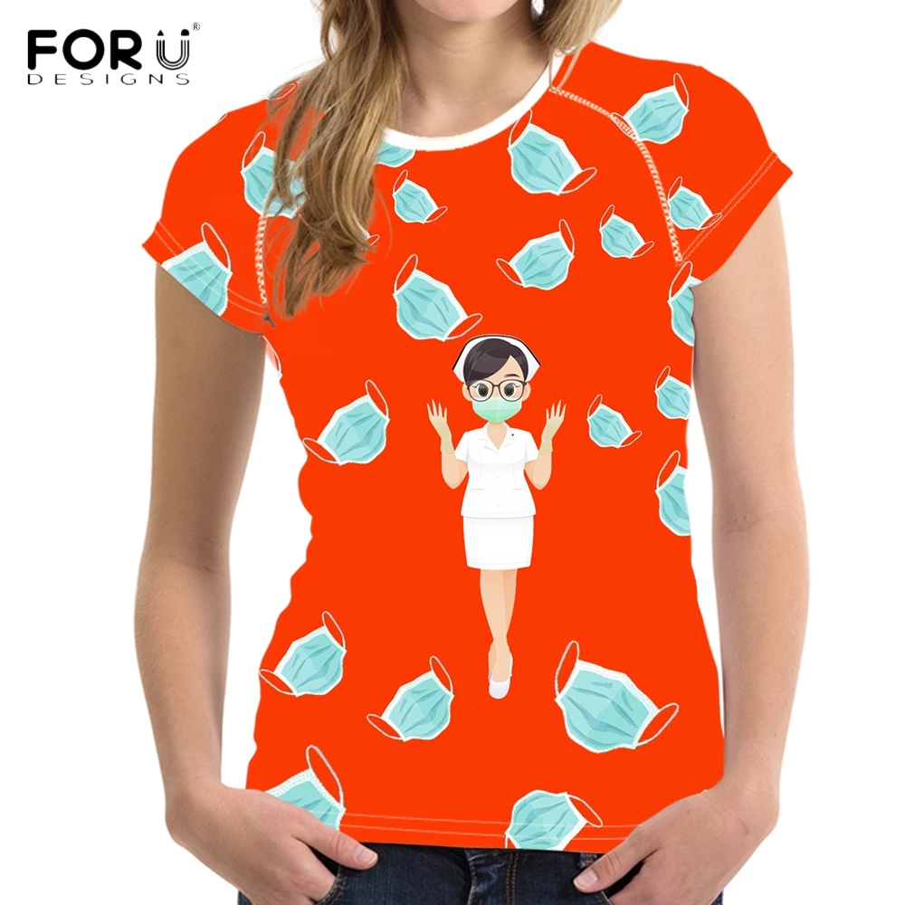 

FORUDESIGNS Casual Women T Shirts Nursing Design Pattern Female Summer Short Sleeve Tshirts Fashion Green/Blue/Black Clothing