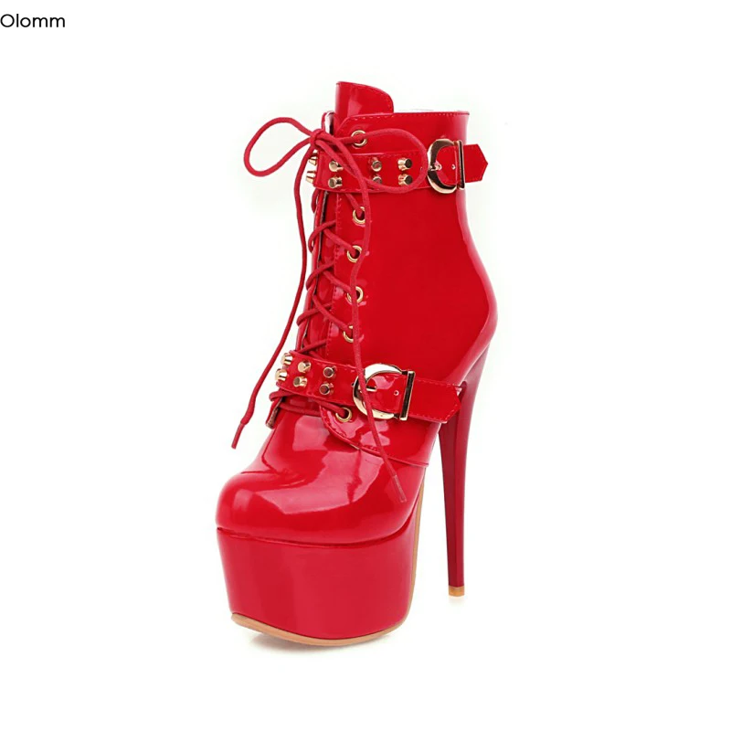 

Женские ботильоны на шпильке Olomm, черные, белые, красные Клубные ботинки с круглым носком, большие размеры 4-16, для зимы, 2020