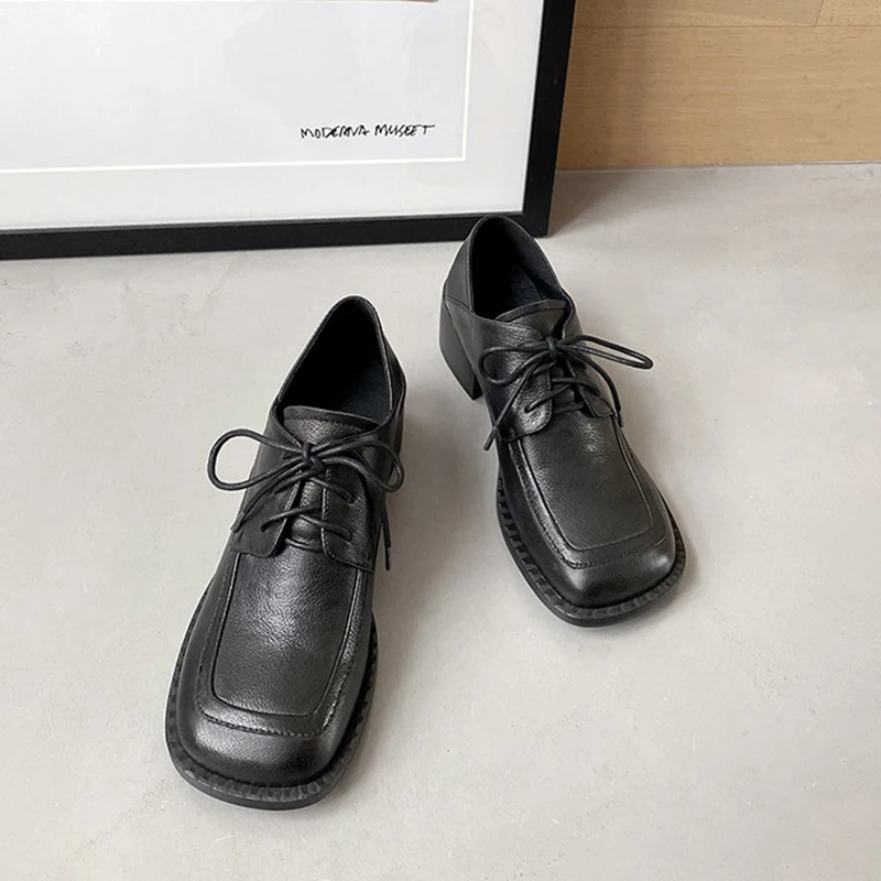 

2021 Soft Sheepskin Square High Heels Spring Autumn Lace Up Women Shoes Square Toe Genuine Leather Ladies Pumps Size 34-40