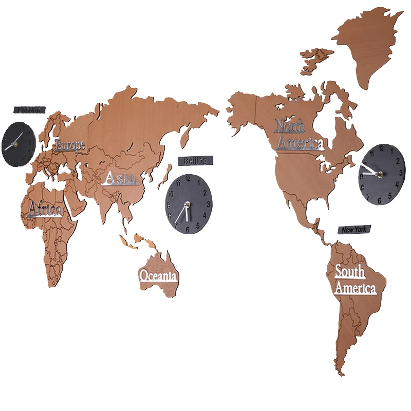 Большие настенные часы деревянные креативные с картой мира самоклеящиеся