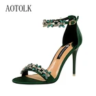 Женские босоножки на высоком каблуке, зеленые пикантные туфли стразы на высоком каблуке, красные весенние праздничные свадебные туфли с пряжкой, Новое поступление 2020
