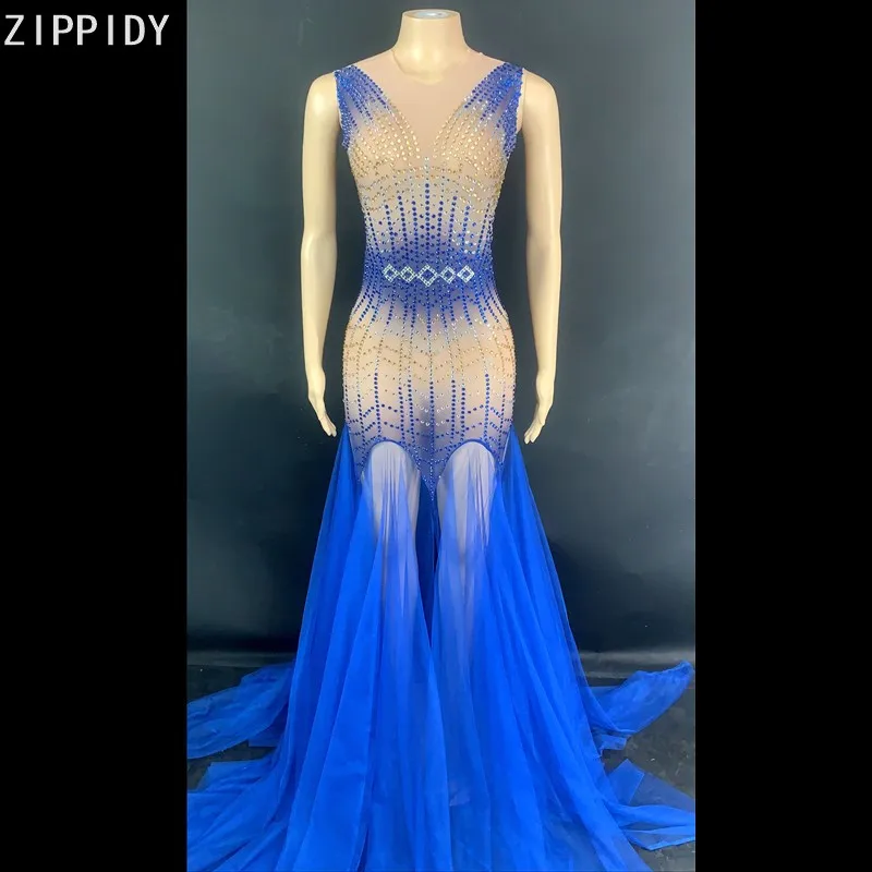 

Синий Стразы прозрачный длинное платье для дня рождения, праздника платье костюм без рукавов для женщин танцор певец платье для выступлени...