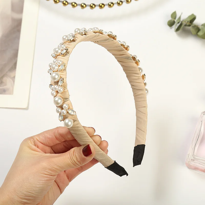 

Luxury Baroque Color Cloth Crystal Flower Headband Vintage Simulated Pearl Rhinestone Hair Hoop Bridal Wedding Tiara Crown Bezel