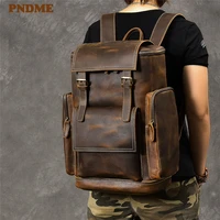 pndme large capacity genuine leather travel men backpack vintage high quality luxury crazy horse cowhide outdoor bagpack bookbag