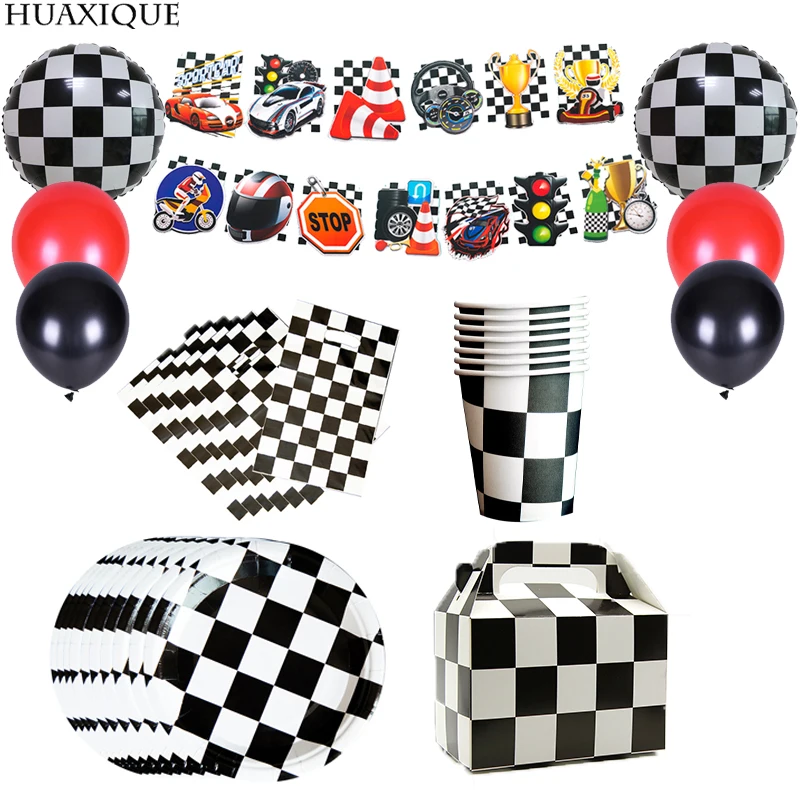 

Racing Car Party Decor Tableware Black White Machines Balloons Boy Happy Birthday Banner Flag Cake Topper Baby Shower Supplies