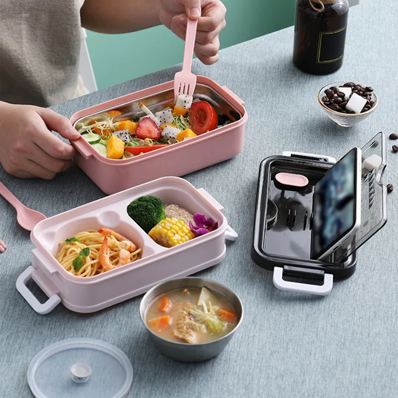 

304 Stainless Steel Lunch Box Bento Box For School Kids Office Worker 2layers Microwae Heating Lunch Container Food Storage Box