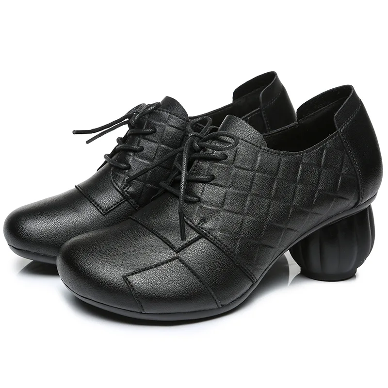 Женские туфли из натуральной кожи на шнуровке с принтом резиновой мягкой подошве