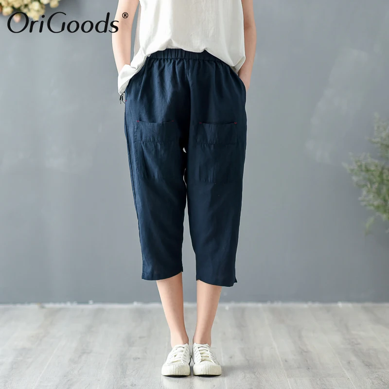 Новинка 2020 летние брюки OriGoods женские укороченные хлопковые льняные с эластичным