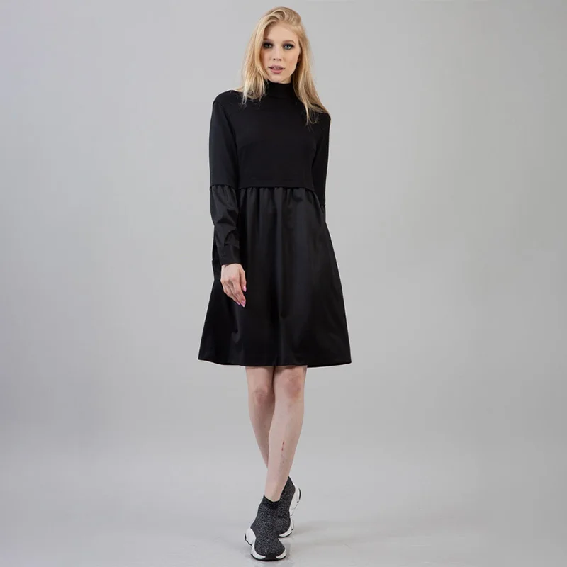 

Women Vintage Patchwork A-line Party Dress Long Sleeve Stand Collart Solid A-line Party Dress 2020 Spring New Fashion Dress