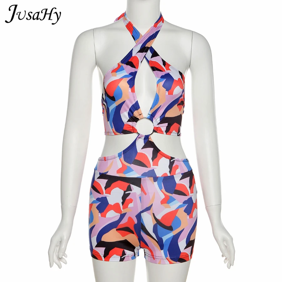 

JusaHy Bandage Hollow Buckle Halter Rompers Women 2021 Summer Printed Lace Up Backless Sleeveless Sexy Vacation One Piece Outfit