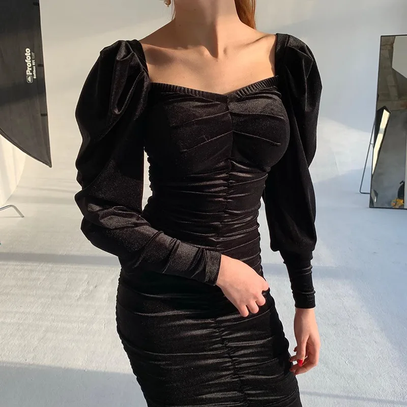 

Bodycon Dress Sexy Women Fashion Slim Temperament Skirt Pleated Puffy Long-Sleeved Korean Styles Velvet Dresses Female Autumn