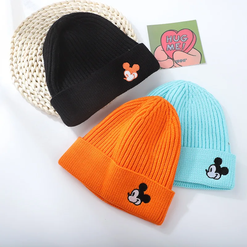 

Зимние шапки для детей, вязаные осенние детские шапки с диснеевским Микки, шапки ярких цветов, теплая шапка, Повседневная шапка для мальчиков и девочек