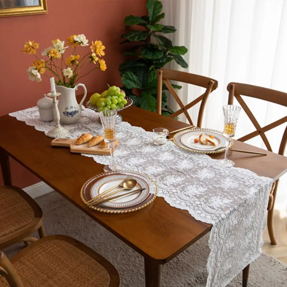 Настольная дорожка с цветочным принтом, белая кружевная вышитая романтичная французская романтичная кружевная настольная дорожка для каф...