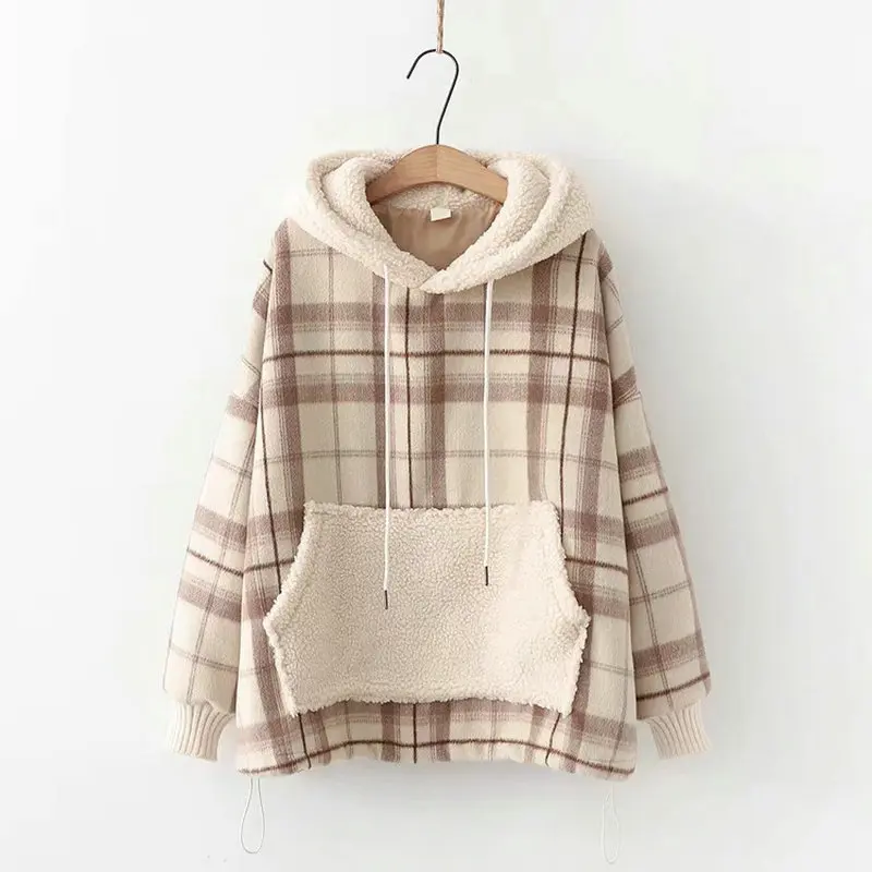 Japan Style Literature Art Retro Plaid Lamb wool cotton Sweatshirts Fashion loose Women Hoodie Femme Harajuku Patchwork Pullover