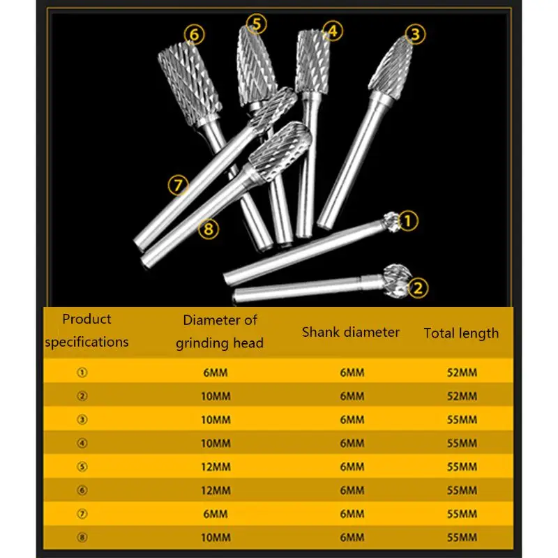 

8pcs 1/4'' Shank Double Cut Tungsten Carbide Rotary Burr Bur Bit for Die Grinder R9UC