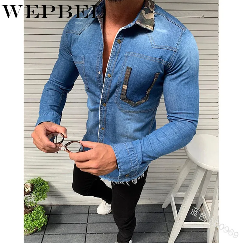 

WEPBEL Spring Autumn Men's Denim Shirt Casual Long-sleeved Single Breasted Turn Down Collar Men's Denim Blue Shirt with Tassel