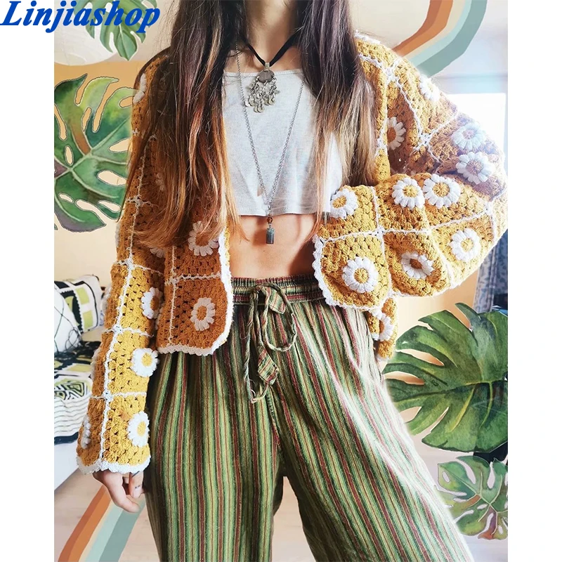 

Женский Укороченный кардиган с цветочной вышивкой, вязаный свитер ручной работы, винтажная верхняя одежда с длинным рукавом, шикарные топы