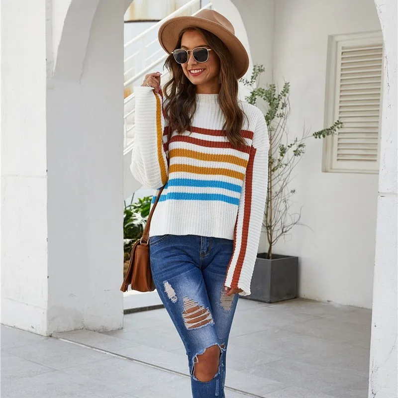 

2021 Autumn New Women's Striped High Waist Loose Pullover Women Pull Femme O-Neck Long Sleeve Short Sweaters Women 11756