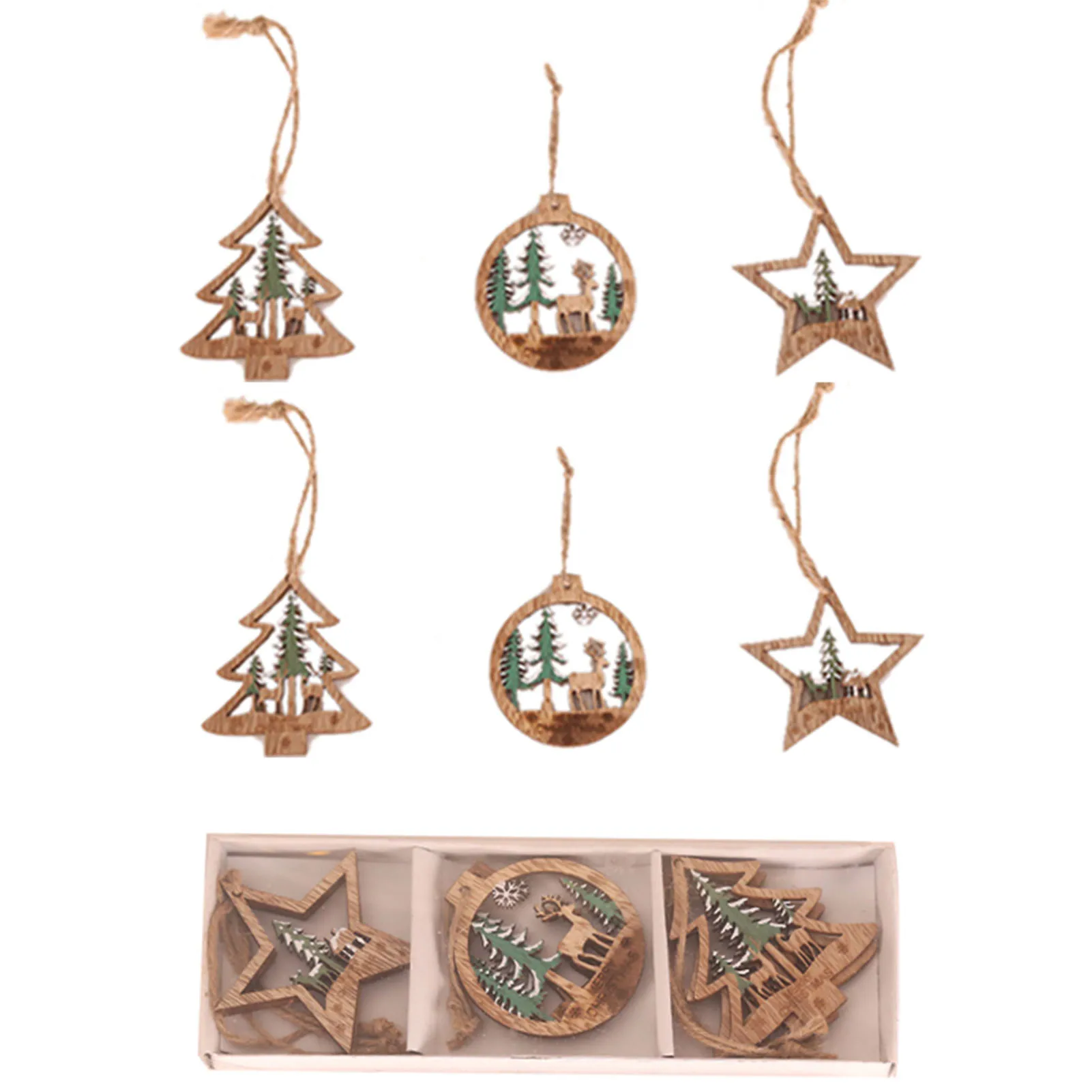 

2021 NEW 6PCs Christmas Wooden Tree Hanging PendantChristmas Wooden Tree Hanging Pendant Hollow Elk Round Ornament Carefully