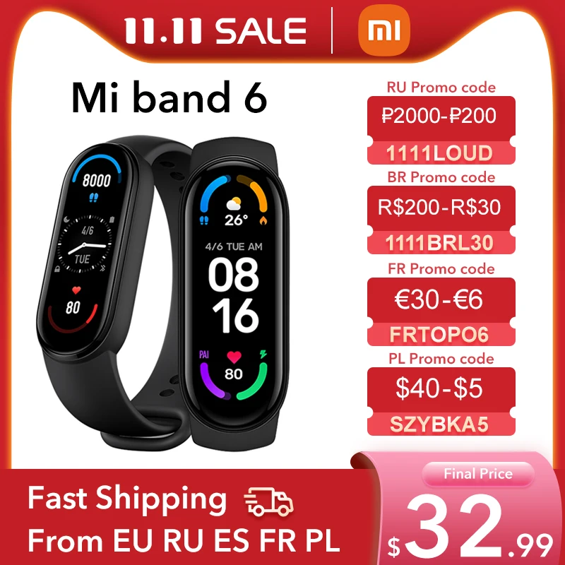  Умный Браслет Xiaomi Mi Band 6, водонепроницаемый фитнес-трекер с экраном AMOLED 1,56 дюйма, Bluetooth, 5 атм 
