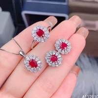 fine jewelry 925 pure silver inset with natural gemstone womens luxury exquisite flower ruby pendant ring earring set support d