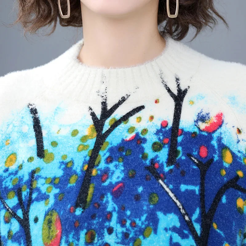 

2020 new semi high neck printed mink like women's sweaters couple printed knitwear cover thickened warm inner layer sweater