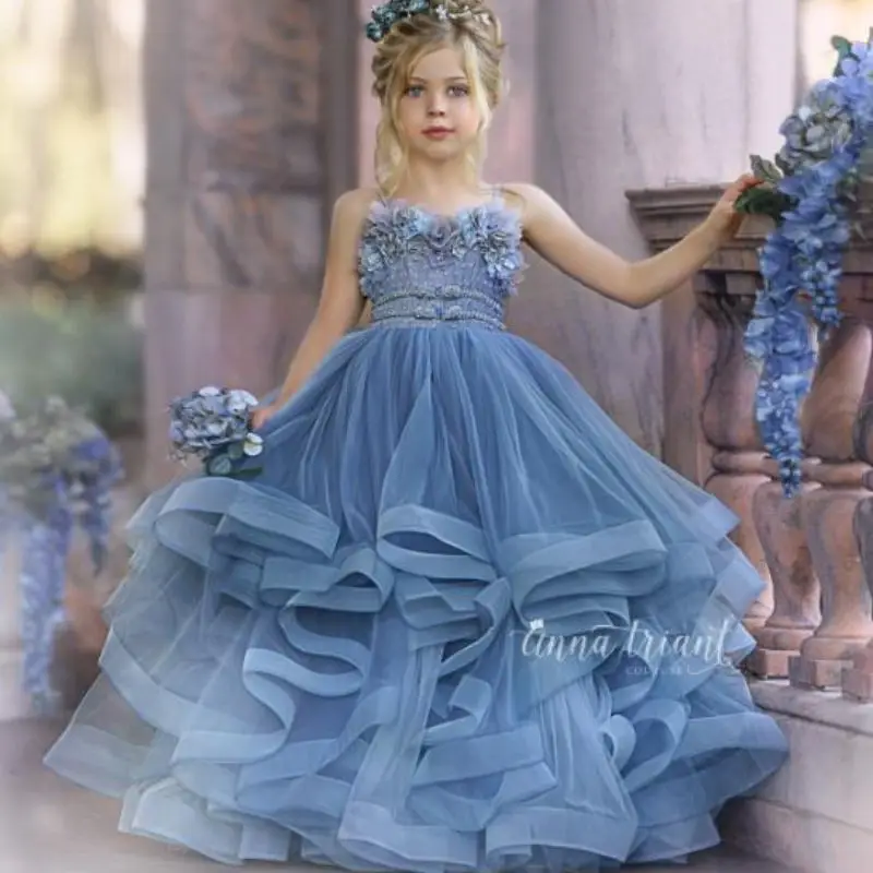 

Haze Blue Flower Girl Dresses for Wedding Lace 3D Floral Appliqued Little Kids Pageant Dress Tiered Skirts Vestidos De Desfile