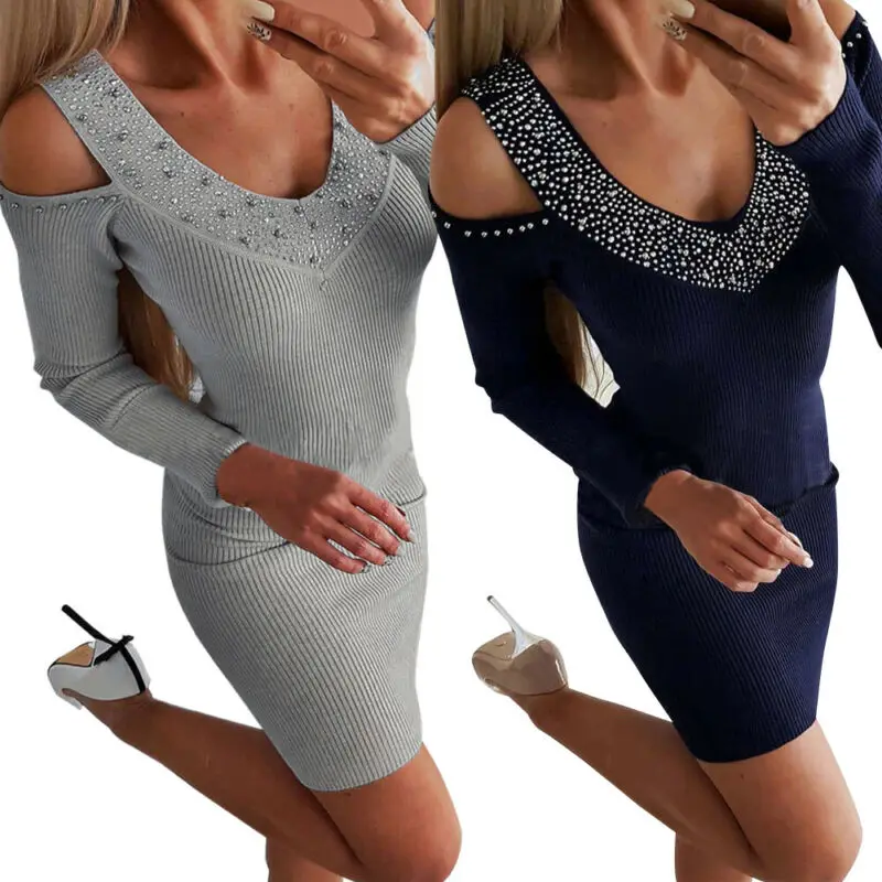 

Women Diamond Bodycon Clubwear Dress Cold Shoulder Evening Party 2019 Autumn Fashion Mini Dress