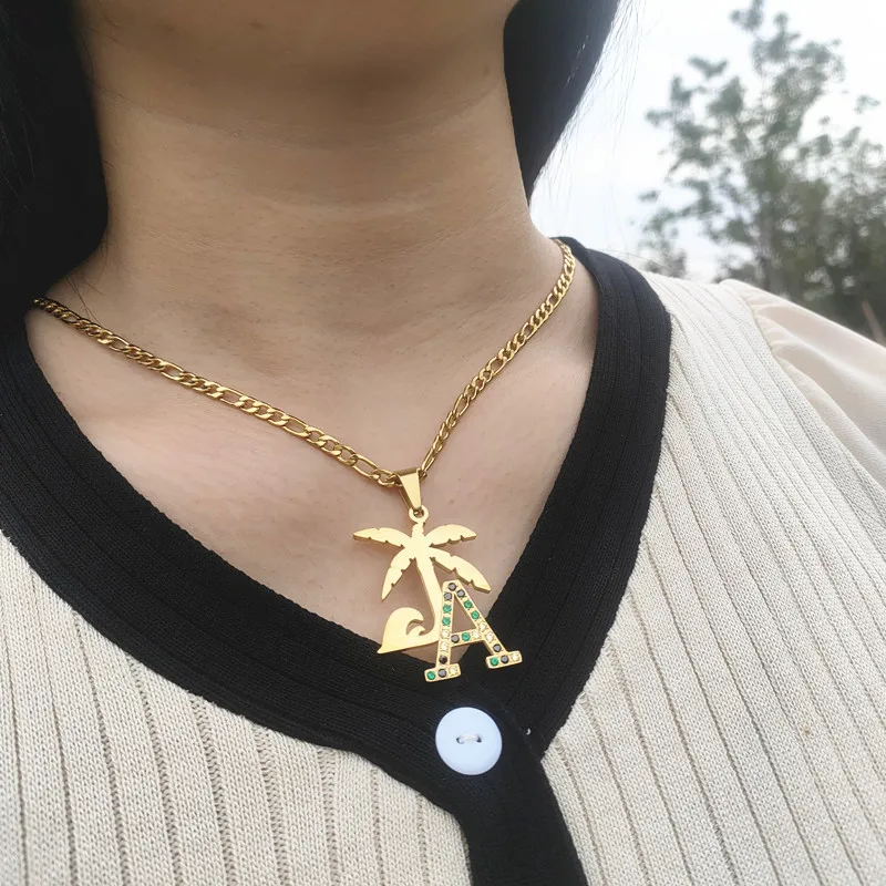 

26pcs/Set Palm Tree Charm A-Z Alphabet Necklace Stainless Steel JewelryCZ Initial Letters Pendant Necklaces Women Men Jewelry