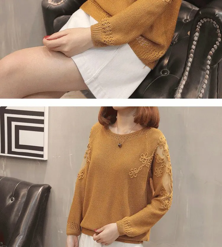 XL-XXXL, плюс размер, вязаный свободный свитер, Женская Осенняя зимняя одежда,, ажурная сетка, вязаный крючком, пэчворк, длинный рукав, Свободный Повседневный пуловер, L4016