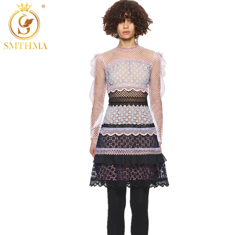 Женское подиумное кружевное платье с длинным рукавом Пляжное оборками и